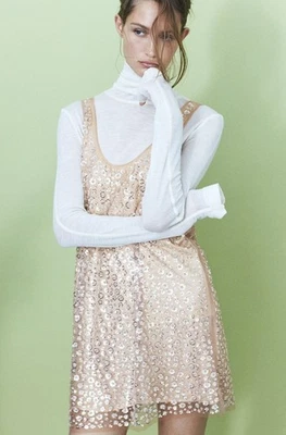 Vestido h&m Floral Lentejuelas Para Mujer Talla XS en Beige y Plata ¡Nuevo Con Etiquetas! Foto 1 de 4