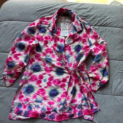 ZARA Rosa Azul Tie Dye Satén Kimono Bata Vestido Cinturón Aberturas Laterales Talla S Foto 1 de 4