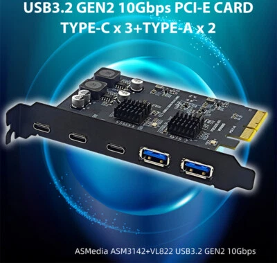 NEW PCI X4 To 3 Port Type C + 2 Port USB3.2 Adapter Expansion Card USB 3.2 HUB - Image 1 of 4