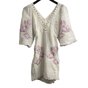 Joslin Kleid Damen 6 Isodora weiß lila Seide Leinen Stickerei Blumen Mini - Bild 1 von 11