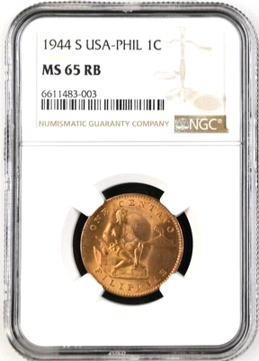 1944 S Philippines 1 Centavo, NGC MS 65 RB, Red-Brown, KM-179 - Image 1 of 2