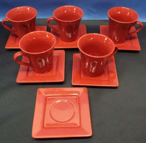 10 STRAWBERRY STREET Red Orange Tea Cups Coffee Mugs Square Saucer Plates - Picture 1 of 8