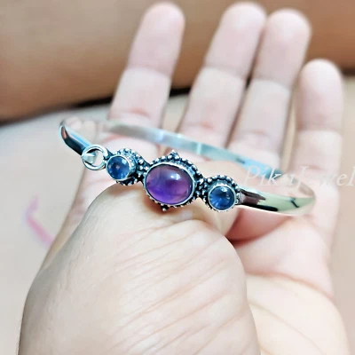 Bracciale rigido regolabile in argento sterling 925 con pietre preziose... - Immagine 1 di 4