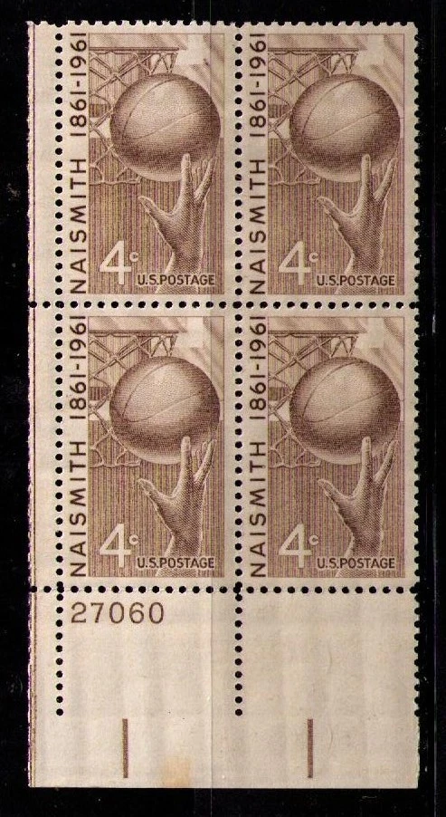 US USA Sc# 1189 MNH FVF PLATE # BLOCK James Naismith Basketball Hoop Hand - Image 1 of 1