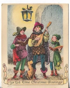 Vtg CHRISTMAS CARD-apx 5x4 ART DECO Ye Old Time Xmas Greeting Kids Caroling - Picture 1 of 2