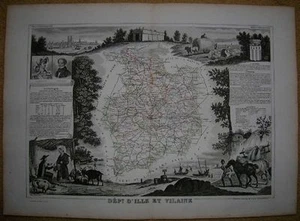 aprox. 1850 Elevador mapa DEPARTAMENTO DE ILLE ET VILAINE - Imagen 1 de 1
