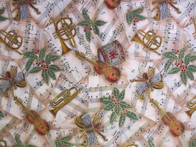 Hoffman OOP Cotton Fabric  Holly Drums Trumpets Musical Notes 1 Yard - Image 1 of 4