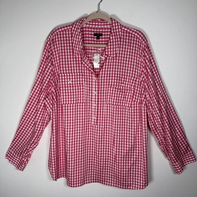 Talbots Pink Gingham Partial Button Down Top Plus Size 3X Pockets Preppy NWT! - Image 1 of 4