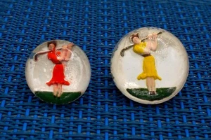 Vintage Design Under Glass DUG Button Reverse Painted Lady Golfers Set of 2 - Picture 1 of 12
