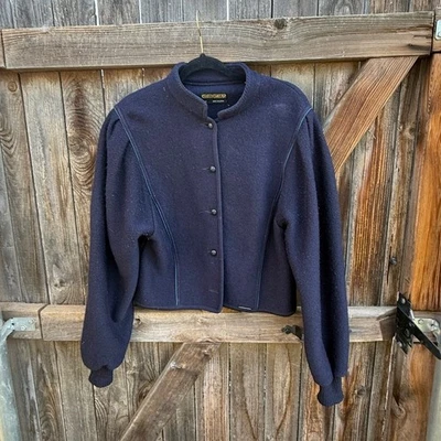 VTG boiled wool navy blue GEIGER Euro size 44 Large Austria JACKET - Image 1 of 4
