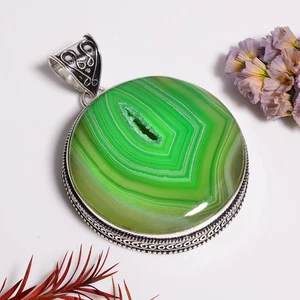 Grün Botswana Achat Druzy Edelstein Handmade 925 Silber Anhänger 2.4 " 31.7 GM - Bild 1 von 5