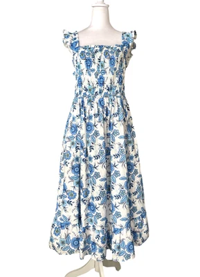 Haute Hippie Floral Midi Dress Sz 12 Cotton Smocked Cottage Milkmaid Romantic - Image 1 of 4