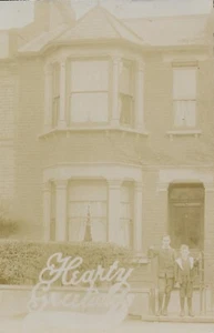 Antique RPPC Photo Postcard Little Boy Brother House Home Architecture Greetings - Picture 1 of 6