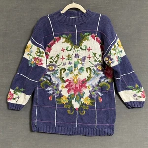 Vintage Jennifer Reed Sweater M Purple Floral Hand Knit 80s 90s Cottage Granny - Picture 1 of 10