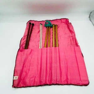 Vintage Knitting Needle Bag Wrap Travel Holder Japan Plaid Wooden Needles Crafts - Picture 1 of 8