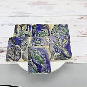 Vintage Hand Made Rustic Blue Nautical Sea Animals Tiles x 7 - Picture 1 of 20