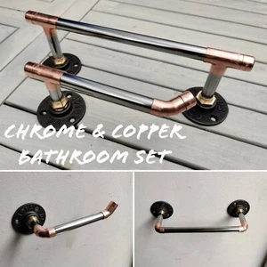 Industrial Designed Chrome/ Copper Pipe Towel Rail & Loo Roll Holder Set - Picture 1 of 13