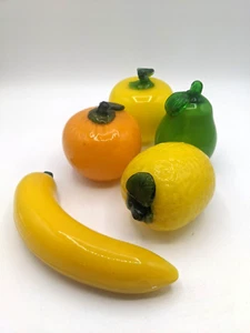 Hand Blown Glass Fruit Set Of 5 Banana Orange Lemon Pear Yellow Green - Picture 1 of 8