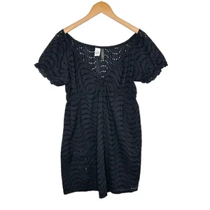 La Blanca Womens Swim Cover Up Eyelet Dress Sz Large Black Short Sleeve V Neck - Picture 1 of 5