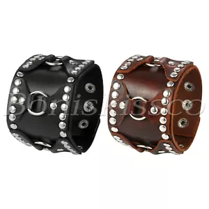 Punk Rocker Rivet Heavy Wide Leather Wrap Cuff Bangle Bracelet Men's Wristband - Picture 1 of 18