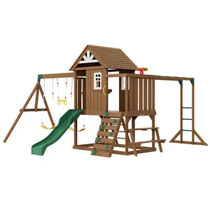 VEVOR Wooden Swing Set 10 IN 1 Outdoor Playground Sets 6 FT Slide Upper Fort - Picture 1 of 12
