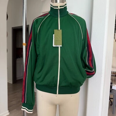 GUCCI Green Cotton/Poly blend Jacquard Zip up TRACK Jacket Sweatshirt, size Lg. - Image 1 of 4