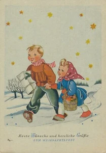 Merry Christmas Boy and Girl Walking in the Snow with Gifts Vintage Postcard BP2 - Picture 1 of 2