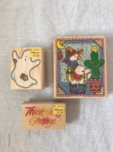 Lot Of 3 Seasonal Halloween Thanksgiving Wood Mount Rubber Stamps - Bild 1 von 3