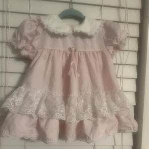 Alexis Girls 9M Pink & White Lace Trim Dress Set USA Vintage - Picture 1 of 7