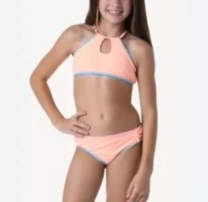 Hobie Kids Sandy Shells Keyhole High Neck Bikini Set Halter Peach & Blue Size 16 - Picture 1 of 4