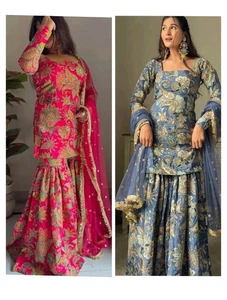 FERTIGER HOCHZEITSANZUG SHARARA SALWAR KAMEEZ DAMEN INDISCH PAKISTANISCH KURTI PLAZZO - Bild 1 von 14