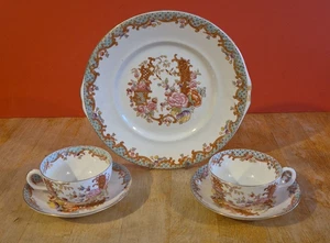 Antiguo estilo chinoiserie 2 tazas con platillos y plato para pasteles porcelana - Imagen 1 de 15