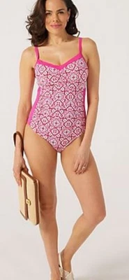 RUTH LANGSFORD SIZE 18 PINK GEO CONTRAST PANEL SWIMSUIT BNWT - Image 1 of 3