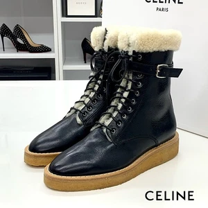 6180 Celine Leder Schnürstiefel Lammfell schwarz - Bild 1 von 9