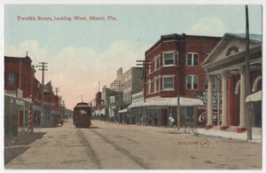 1909 Miami, Florida - Twelfth Street Electric Railroad Trolley, Business Signs - Imagen 1 de 2