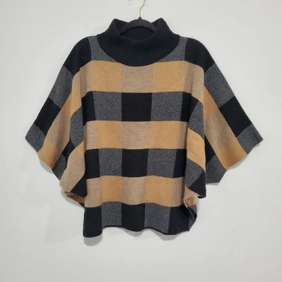 Plaid Mock Neck Sweater One Size Poncho Style - Black and Tan Wool And Cashmere - Image 1 of 4