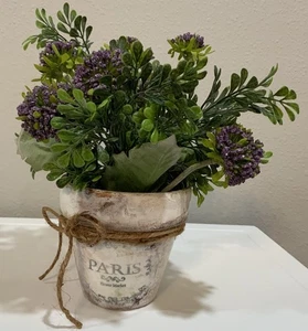 Distressed White Wash Terracotta Pot Paris Purple Flower Arrangement Bow - Picture 1 of 8