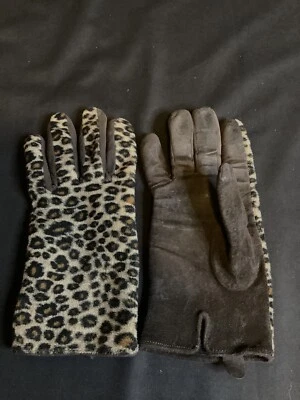 Vintage Leather Fleece Gloves Leopard Print Medium — 第 1/3 张图片