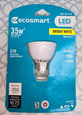 EcoSmart 1001 401 210 LED DIMMABLE 6W 12V MR16/GU5.3 INDOOR 350LUMENS 3000K - Image 1 of 4