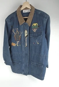 Christopher & Banks giacca denim ricamata uccellino arte popolare vintage donna Lg - Foto 1 di 13