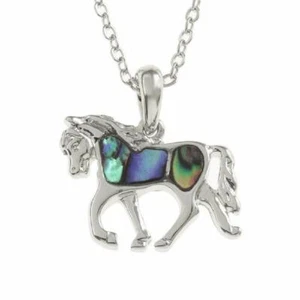 BellaMira Horse Equestrian Abalone Paua Shell Silver Pendant Necklace 18" Chain - Picture 1 of 7