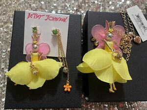 Betsey Johnson Bunny Fairy Easter Necklace Pendant & Earrings Crystal SET Yellow