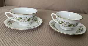 Set of 2 Embassy USA Vitrified China Dogwood Silver Trim Cup & Saucers - Picture 1 of 7