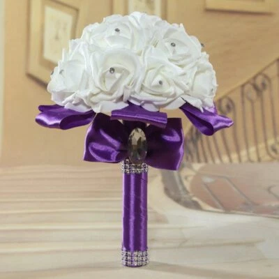 Bride Bouquet Artificial Flowers Wedding Bridal Holding White Ribbon Rhinestones - Image 1 of 4