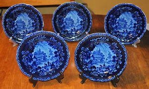 Set 5 Adams Historical Flow Blue Transferware Staffordshire Plates Rural Scene - Picture 1 of 12