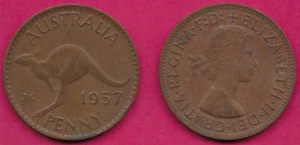 AUSTRALIA 1 PENNY. 1957 WITH DOT.1st PORTRAIT WITH FD,KANGAROO LEAPING LEFT,ELIZ - Picture 1 of 1