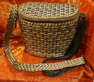 Vtg CEM Gold & Bronze Leather Basketweave Bucket Basket Crossbody Purse - Picture 1 of 11