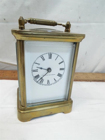 Nice Sm Chiming Waterbury Clock Co Brass Carriage Beveled Glass Porcelain Face Cover