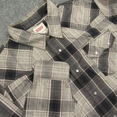 Levis Shirt Men Large Slim Fit Grey Plaid Double Sawtooth Pearl Snap Western - Image 1 of 4