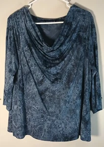 Blue Splatter Design Blouse Glitter Lines Draped Neck Dressy Business Casual - Imagen 1 de 4